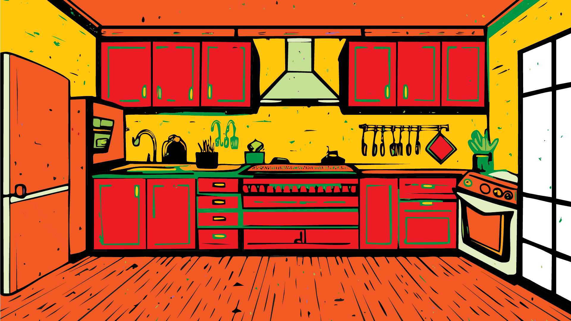 kitchen remodels by Gorilla Pros. this image shows an illustration of a kitchen in the branding style of the Gorilla Pros.